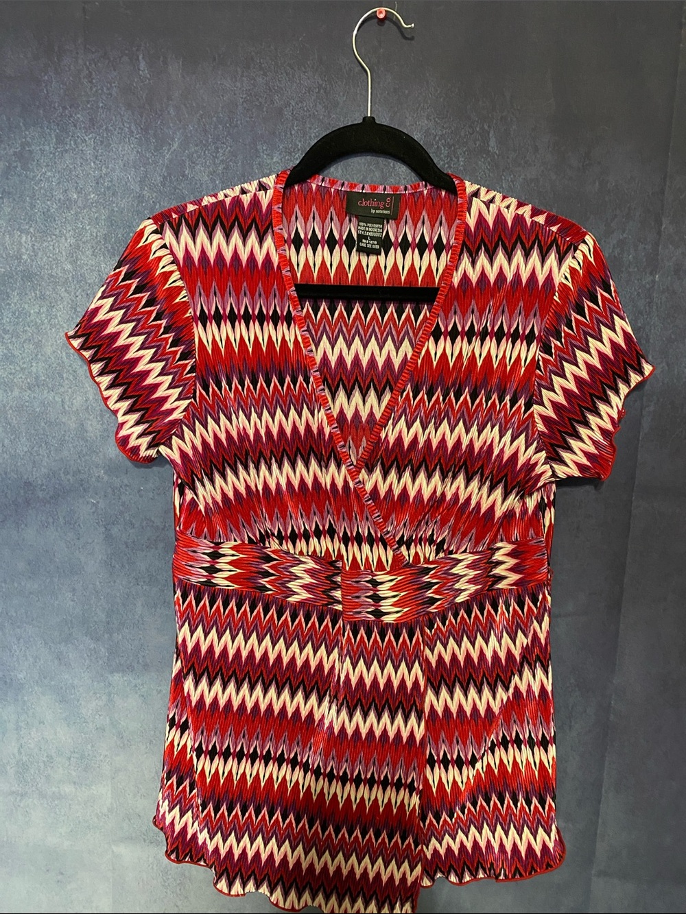 Notations Red Zigzag Surplice Knit Top with Waistband